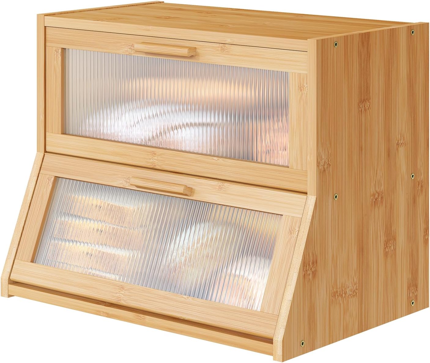 Bread Box for Kitchen Counter, Large Bamboo Wooden Double Layer Large Capacity Bread Storage Bin with Acrylic Wavy Door Panel (Natural)