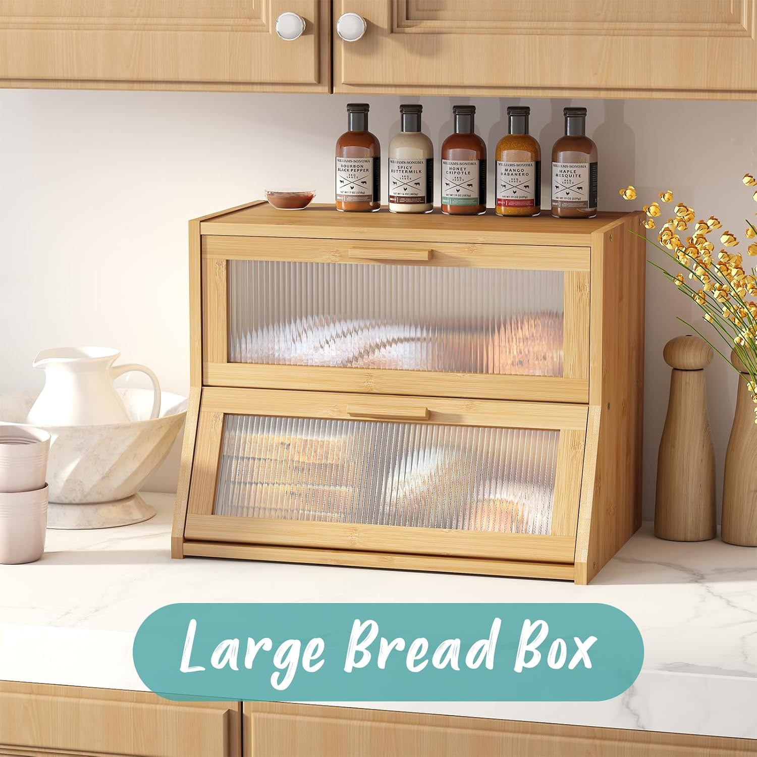 Bread Box for Kitchen Counter, Large Bamboo Wooden Double Layer Large Capacity Bread Storage Bin with Acrylic Wavy Door Panel (Natural) - Image 2