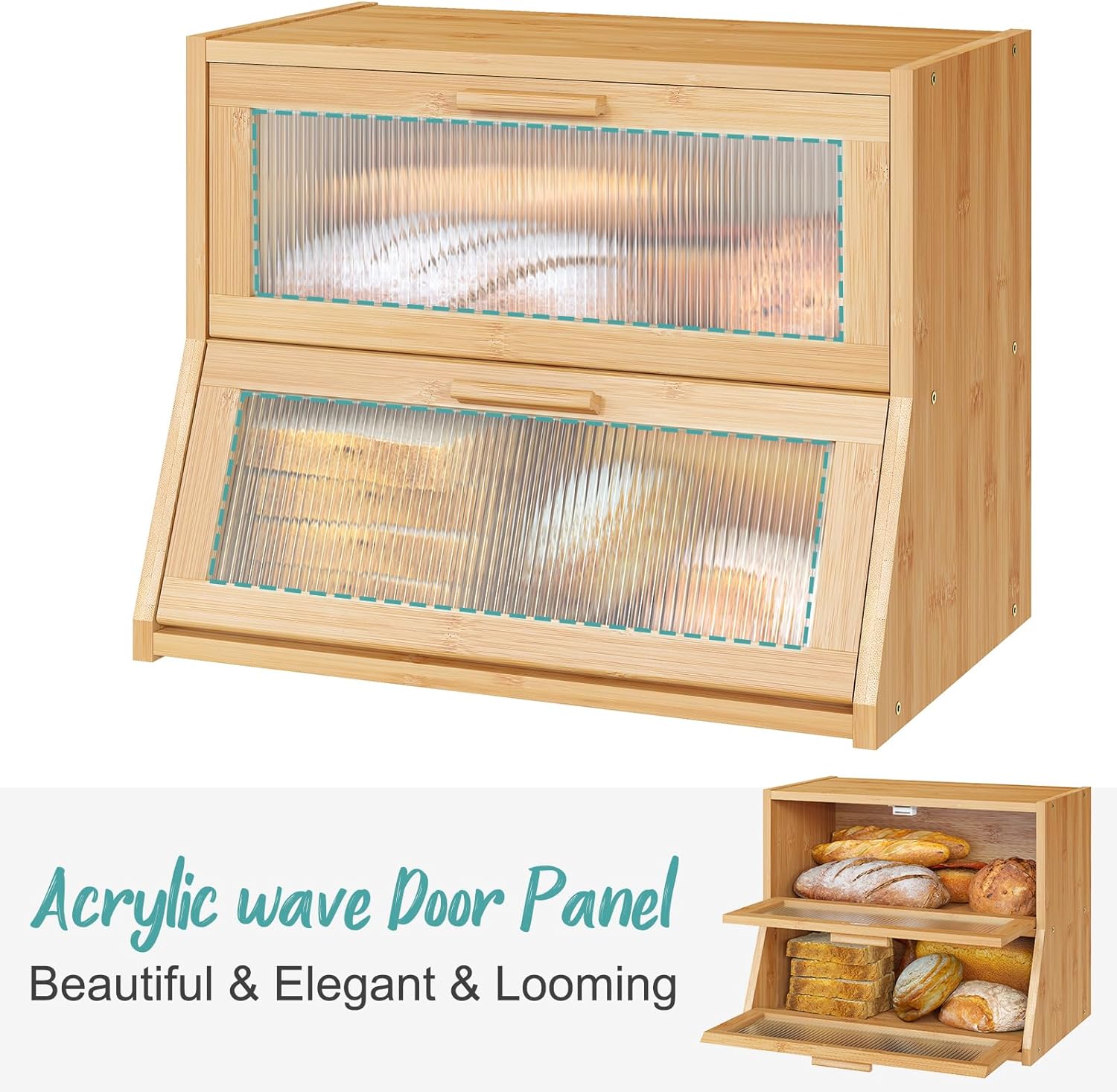 Bread Box for Kitchen Counter, Large Bamboo Wooden Double Layer Large Capacity Bread Storage Bin with Acrylic Wavy Door Panel (Natural) - Image 3