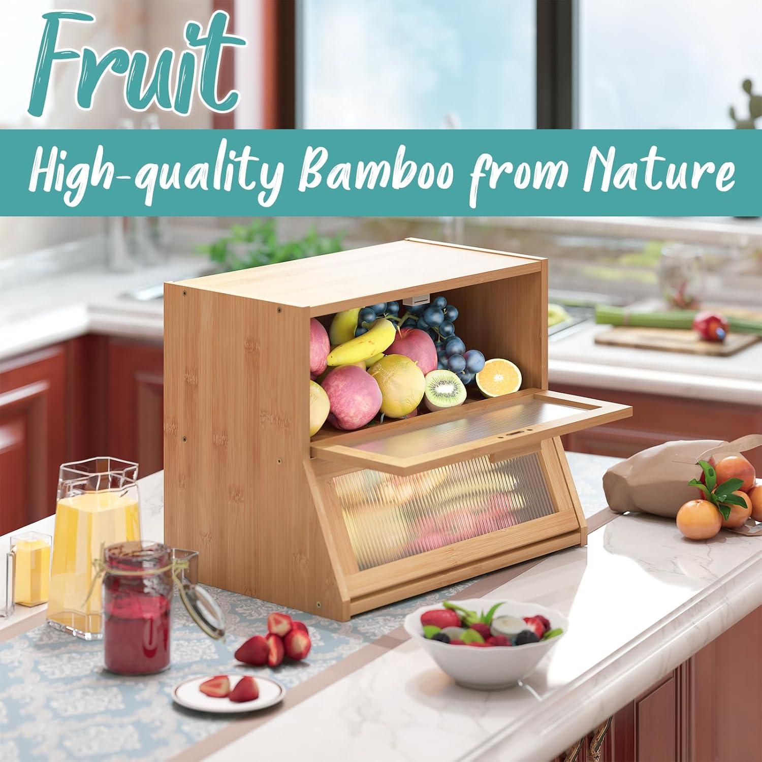 Bread Box for Kitchen Counter, Large Bamboo Wooden Double Layer Large Capacity Bread Storage Bin with Acrylic Wavy Door Panel (Natural) - Image 4