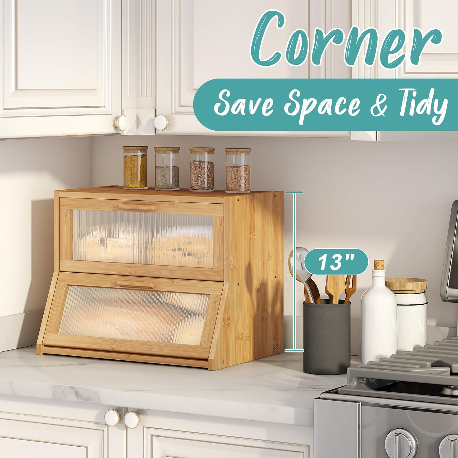 Bread Box for Kitchen Counter, Large Bamboo Wooden Double Layer Large Capacity Bread Storage Bin with Acrylic Wavy Door Panel (Natural) - Image 5