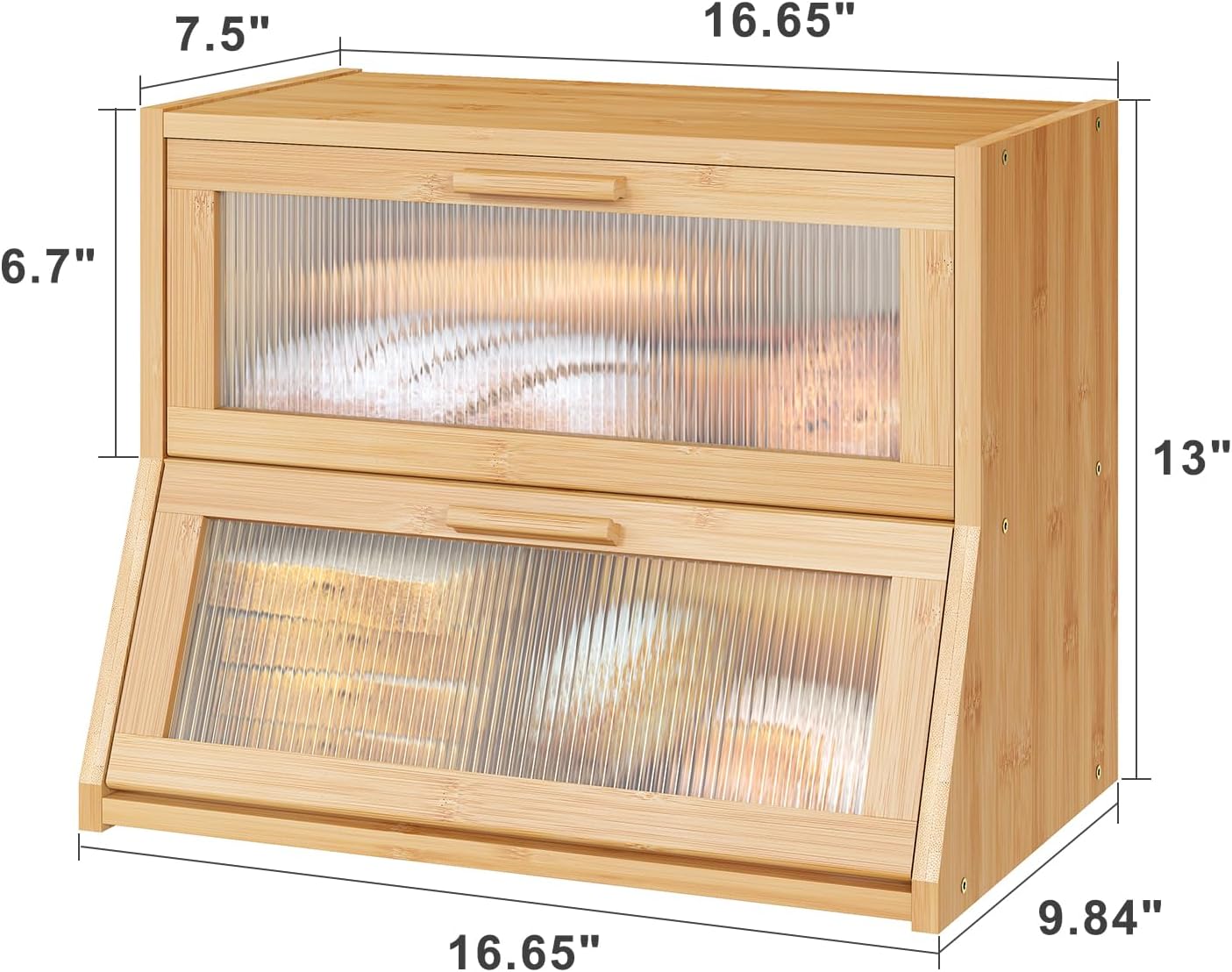 Bread Box for Kitchen Counter, Large Bamboo Wooden Double Layer Large Capacity Bread Storage Bin with Acrylic Wavy Door Panel (Natural) - Image 6