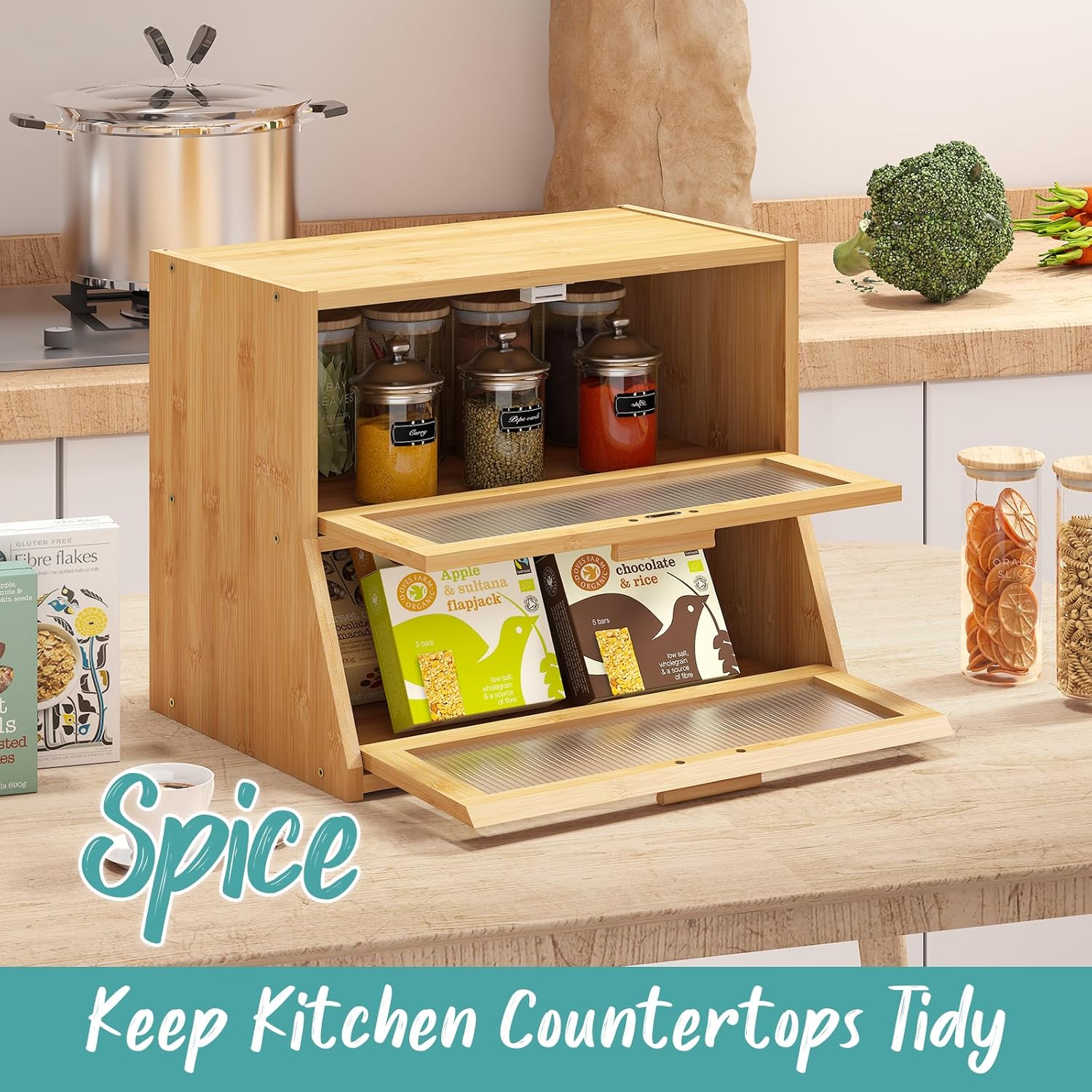 Bread Box for Kitchen Counter, Large Bamboo Wooden Double Layer Large Capacity Bread Storage Bin with Acrylic Wavy Door Panel (Natural) - Image 7