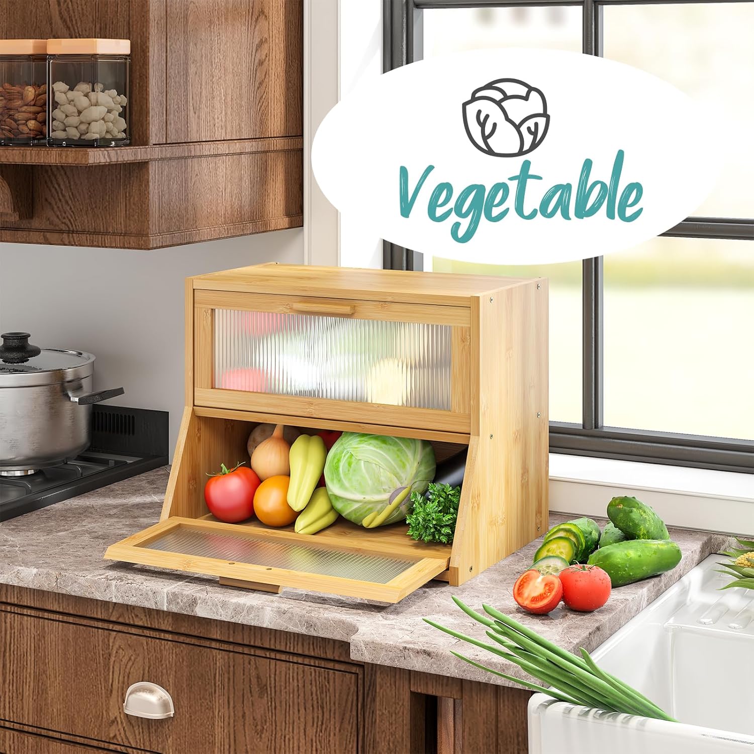 Bread Box for Kitchen Counter, Large Bamboo Wooden Double Layer Large Capacity Bread Storage Bin with Acrylic Wavy Door Panel (Natural) - Image 8