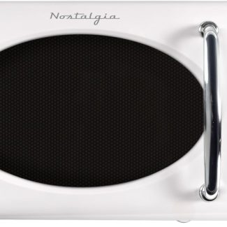 Nostalgia Retro Microwave Oven 0.7 Cu Ft, 700-Watt Countertop Size with Glass Turntable, Child Safety Lock, 8 Auto-Cook Programs, Digital Clock, White