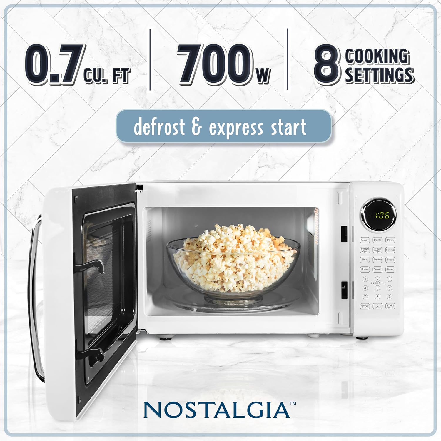 Nostalgia Retro Microwave Oven 0.7 Cu Ft, 700-Watt Countertop Size with Glass Turntable, Child Safety Lock, 8 Auto-Cook Programs, Digital Clock, White - Image 2