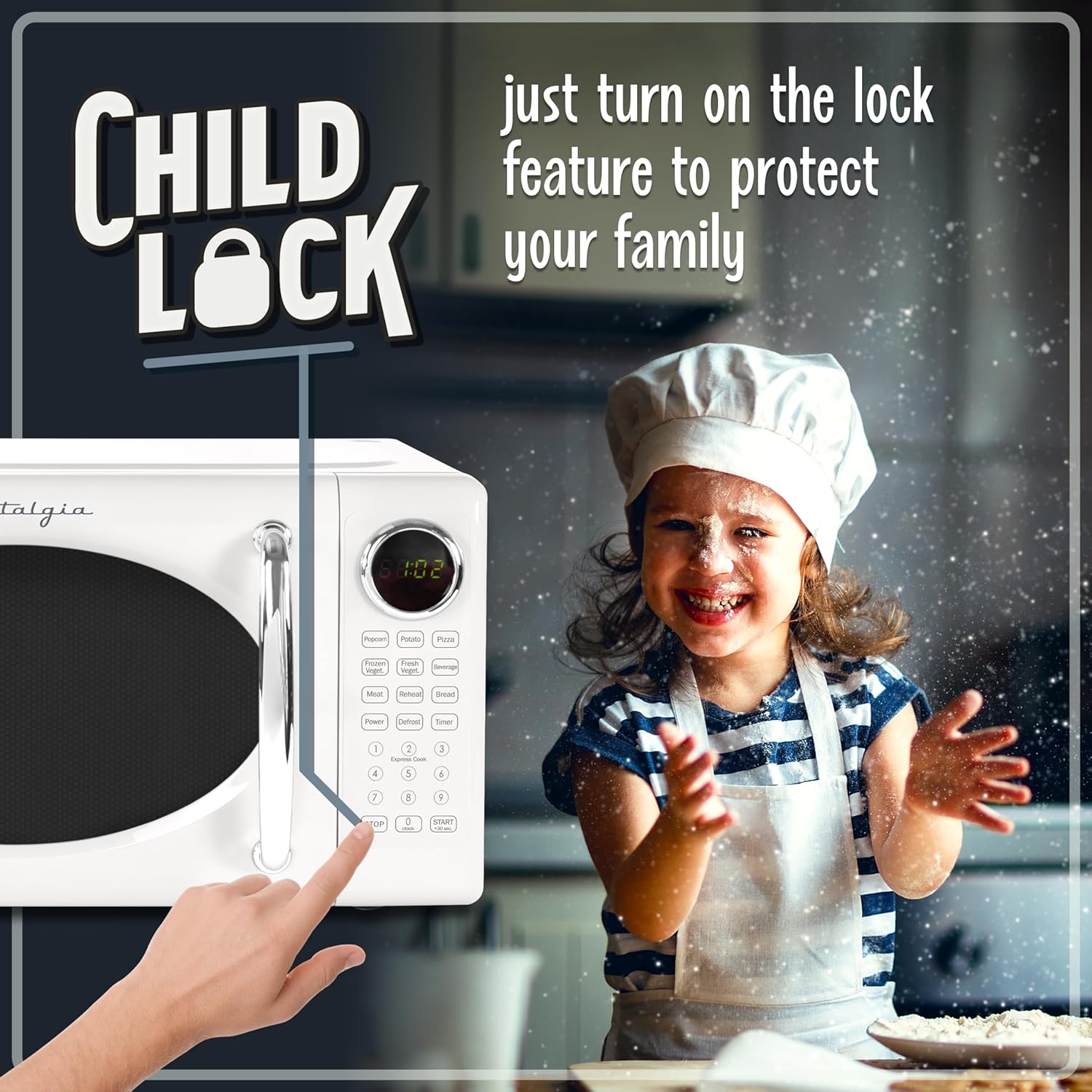 Nostalgia Retro Microwave Oven 0.7 Cu Ft, 700-Watt Countertop Size with Glass Turntable, Child Safety Lock, 8 Auto-Cook Programs, Digital Clock, White - Image 4