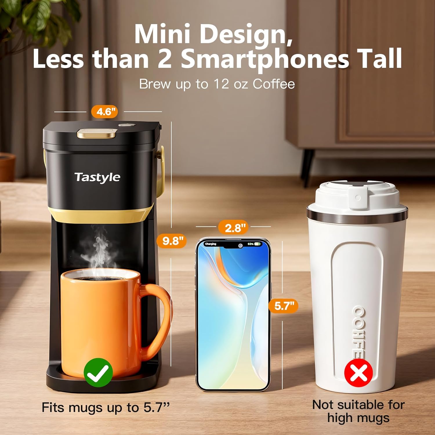 Single Serve One Cup Coffee Maker, for K Cups and Grounds, Mini Coffee Maker with Portable Handle, 6 to 12 Oz Brew Size, for Travel, Camping, Office, RV and Dorm, 120V, Black and Gold - Image 3