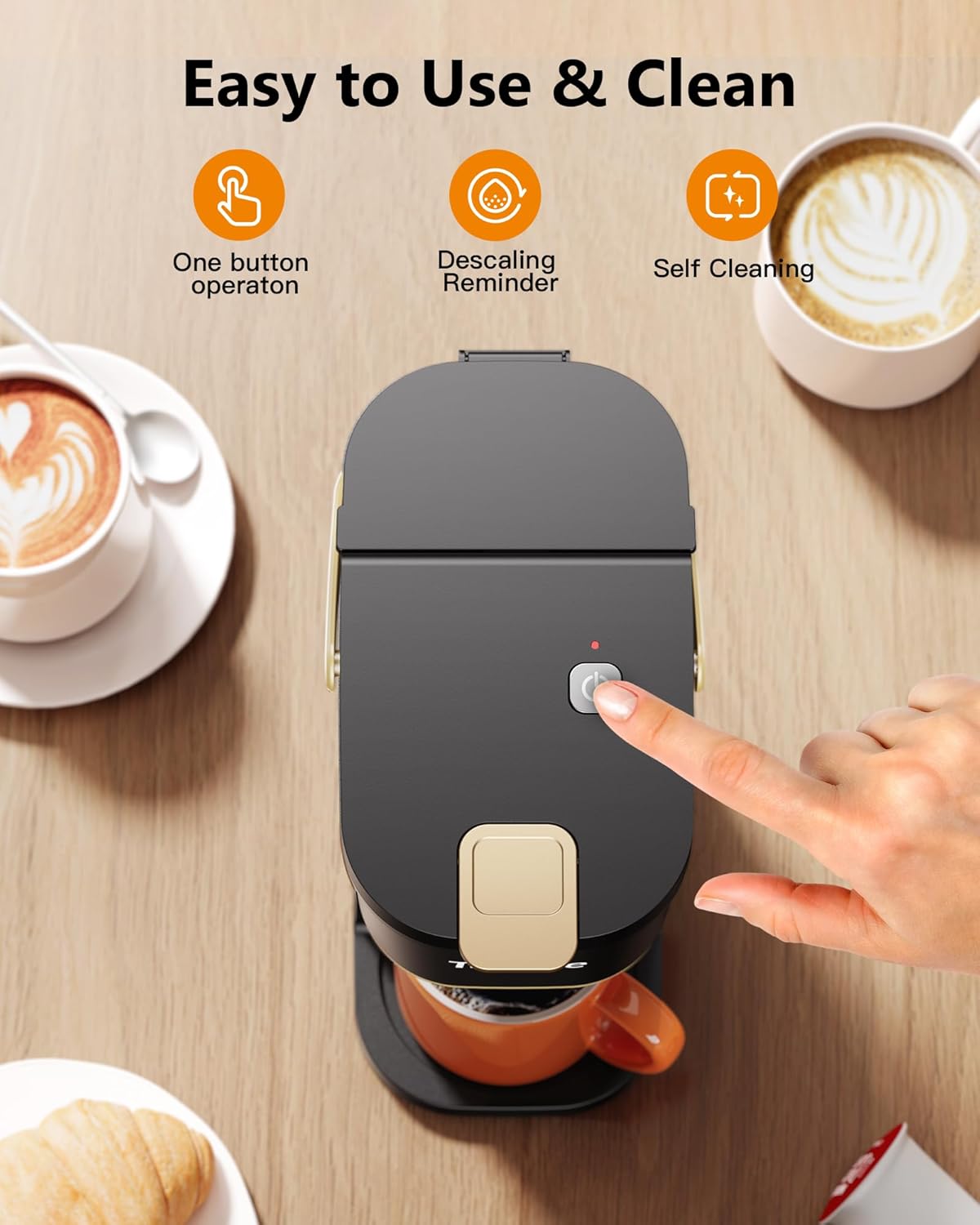 Single Serve One Cup Coffee Maker, for K Cups and Grounds, Mini Coffee Maker with Portable Handle, 6 to 12 Oz Brew Size, for Travel, Camping, Office, RV and Dorm, 120V, Black and Gold - Image 5