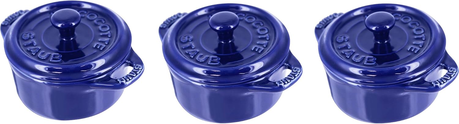 STAUB Ceramics Dutch Oven 3-piece Mini Round Cocotte, Dark Blue